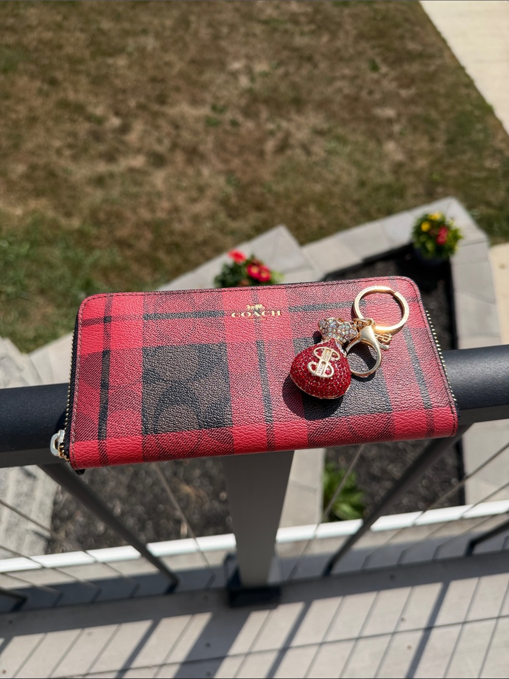 Coach Red and Black Plaid Zip Wallet with Gold-Tone Charm